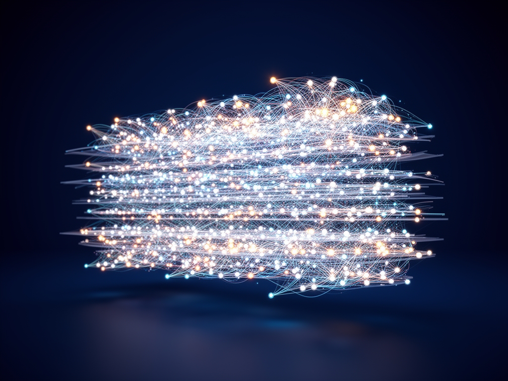 Трёхмерная визуализация процесса обучения нейронной сети с яркими узлами и слоями на тёмно-синем фоне