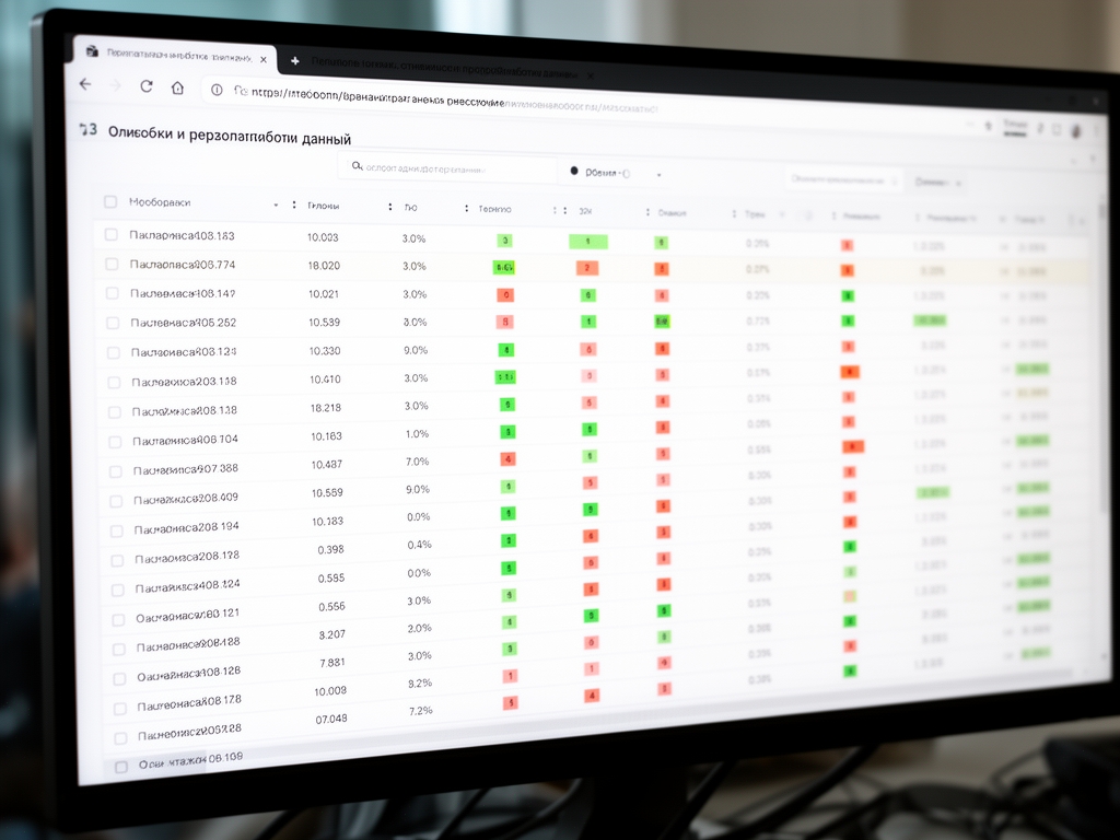Процесс очистки и предобработки данных: таблица с отмеченными пропусками и аномалиями в наборе данных на экране монитора