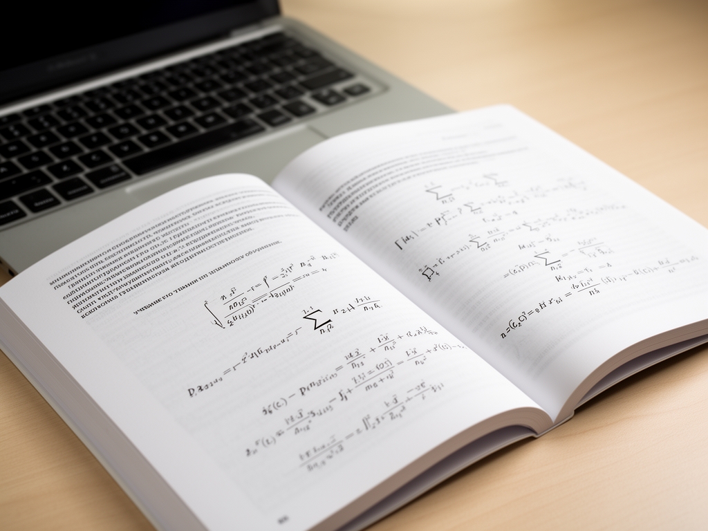 Учебник по машинному обучению раскрытый на странице с формулами градиентного спуска рядом с ноутбуком