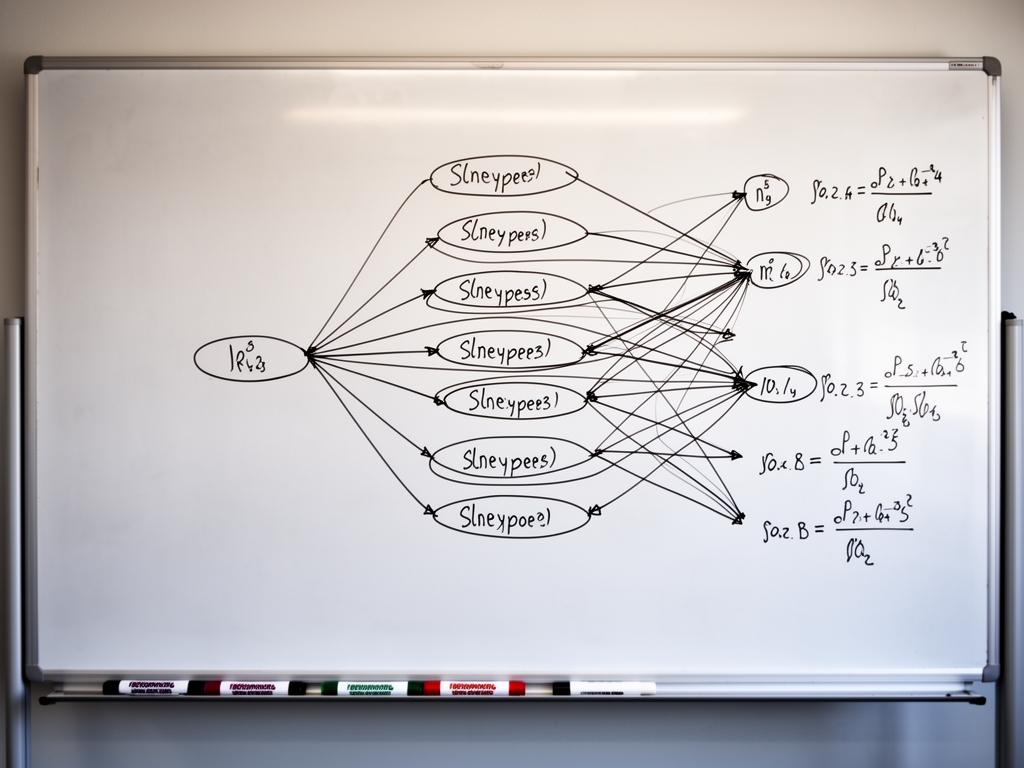 Диаграмма нейронной сети с несколькими слоями, нарисованная на белой доске маркером, с математическими формулами