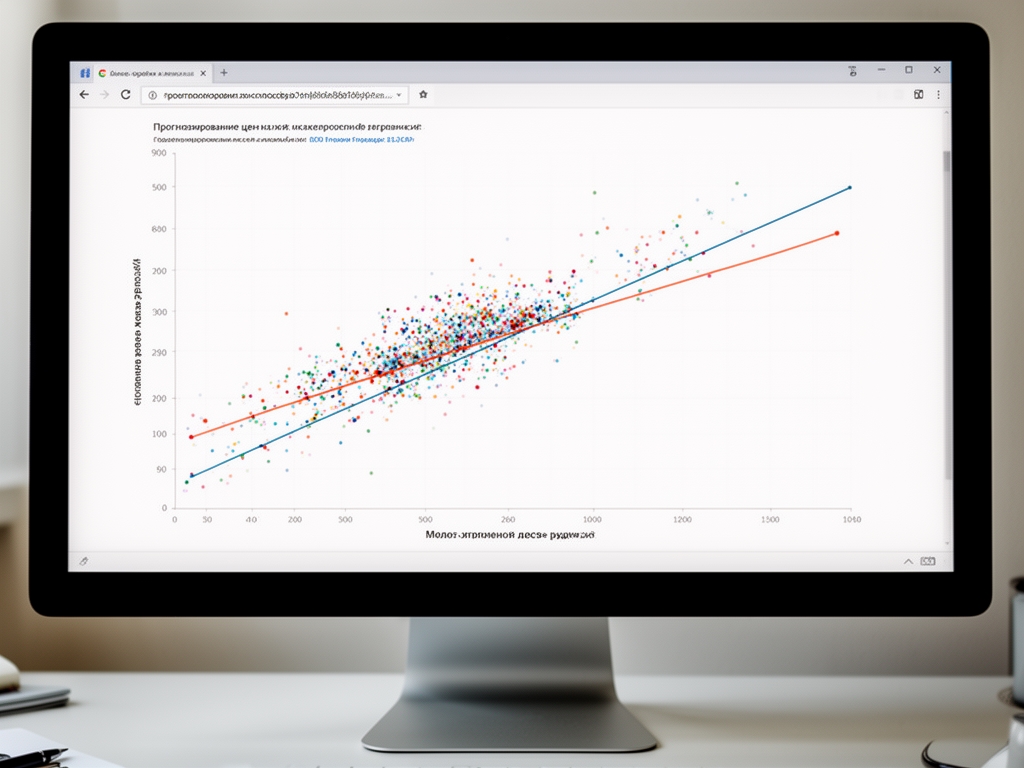 Scatter plot с линией регрессии на экране компьютера, показывающий прогнозирование цен на жильё