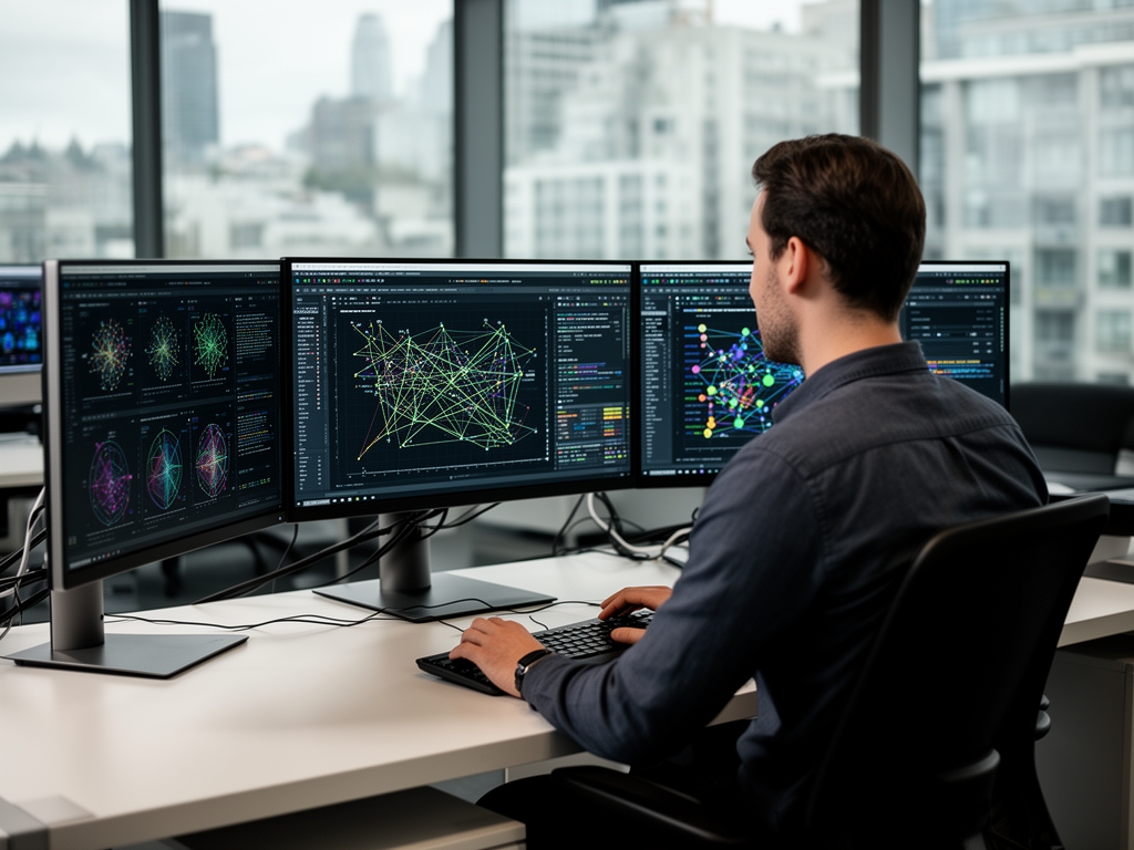 Специалист по данным работает с визуализацией алгоритмов машинного обучения на нескольких мониторах в современном офисе Seattle