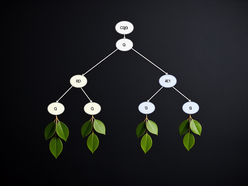 Схема дерева решений с узлами, ребрами и листьями, визуализирующая процесс классификации в машинном обучении на тёмном фоне