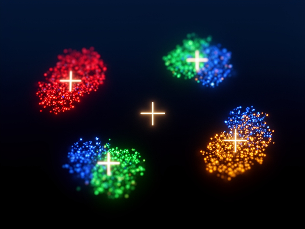 Визуализация алгоритма K-means: разноцветные кластеры точек данных с центроидами, обозначенными крестиками, на тёмном фоне