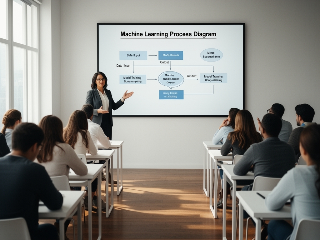 Преподаватель объясняет студентам диаграмму процесса машинного обучения на большом экране в светлой аудитории